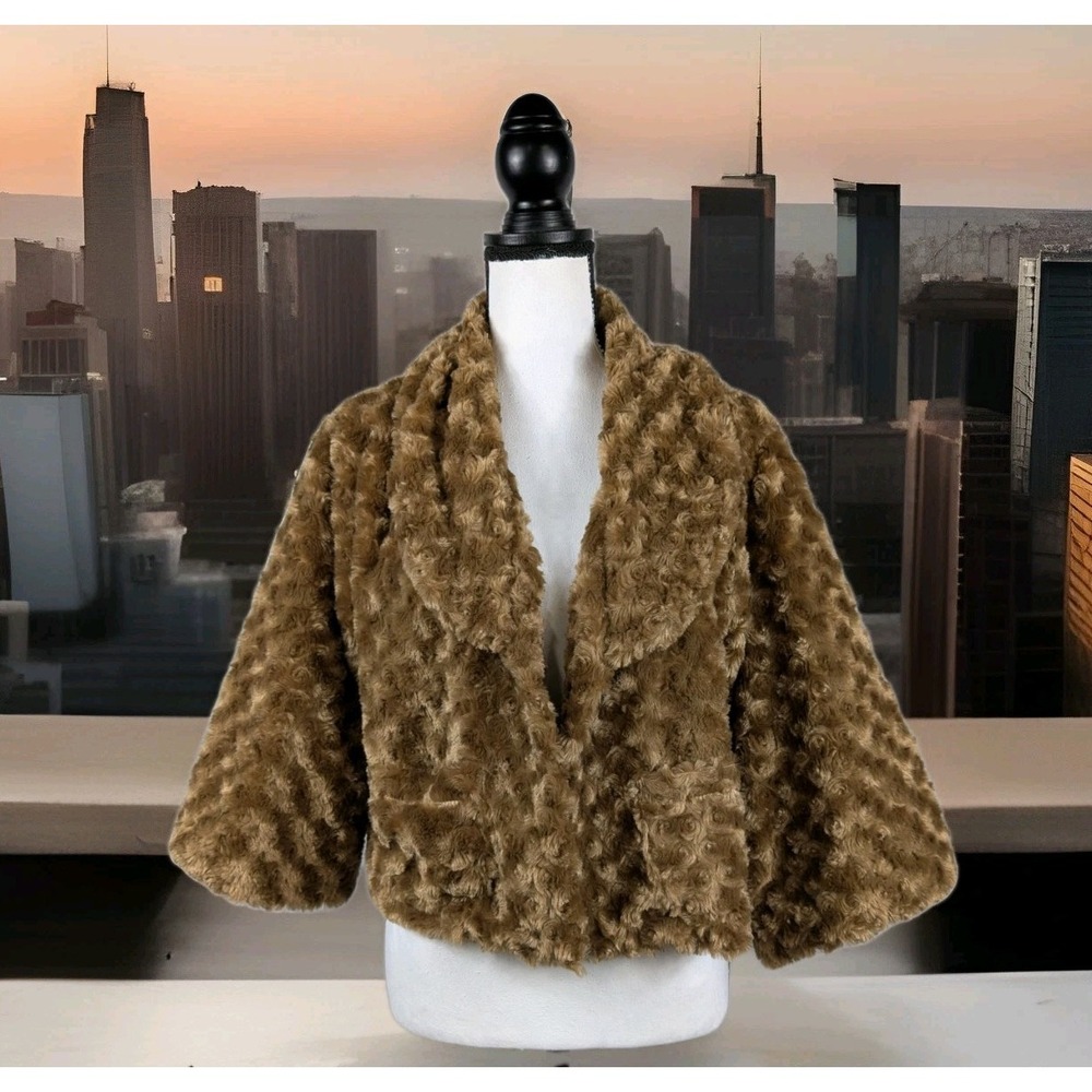 Y2K Faux Fur Jacket Cropped Womens XL Brown Mob Wife Retro Going Out Chic 2906